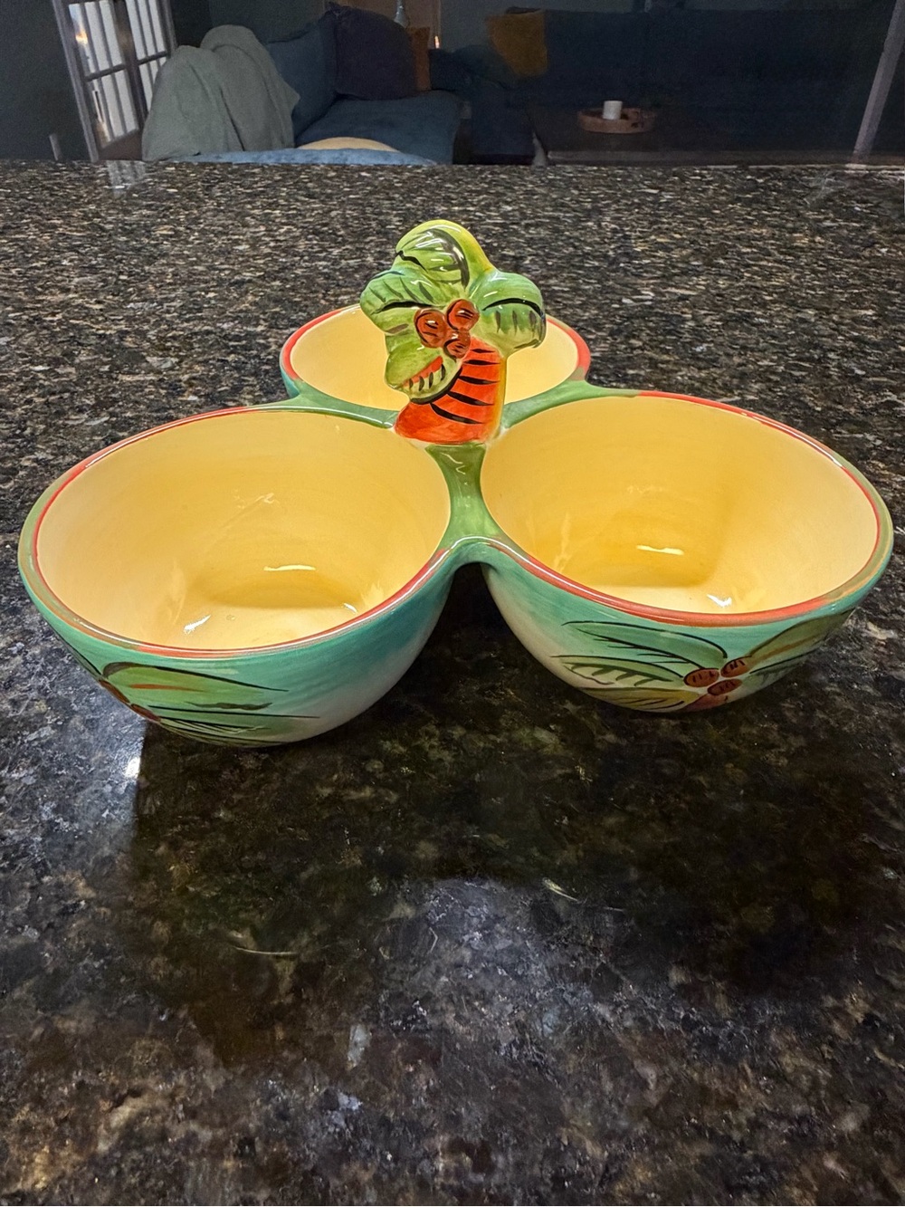 Vintage Clay Art Palm Beach Ceramic 3-Section Condiment Server Dip Bowl